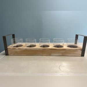 Rustic Wood 5-Votive Candle Holder Tray with Glass Shades
